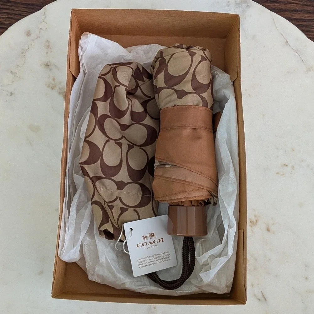 NEW Coach Signature Mini Umbrella Khaki Saddle Brown Monogram Compact F63365 NIB
